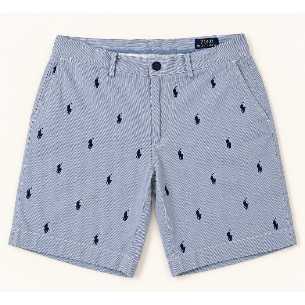 Polo Ralph Lauren Men 34 Seersucker Shorts Blue White Striped Pony Logo 9 Inch